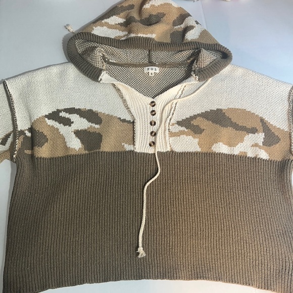 POL Cropped Mixed Knit Hoodie Oversized Cozy Soft ColorBlock Sweater Olive/ivory - Picture 2 of 12